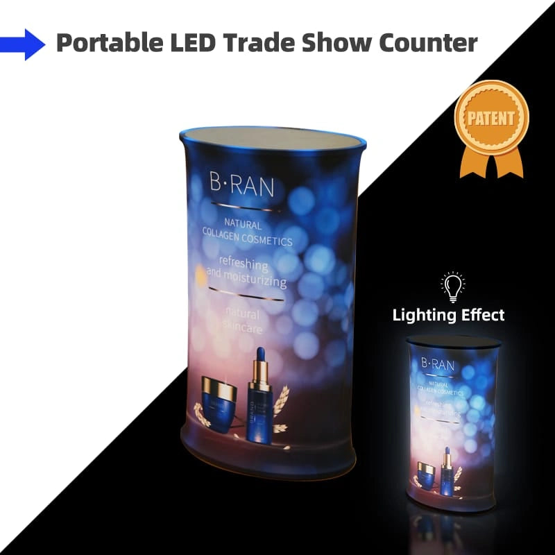 Portable Deluxe Oval Popup Booth featuring vibrant custom graphics for exhibitions, conferences, and corporate events.