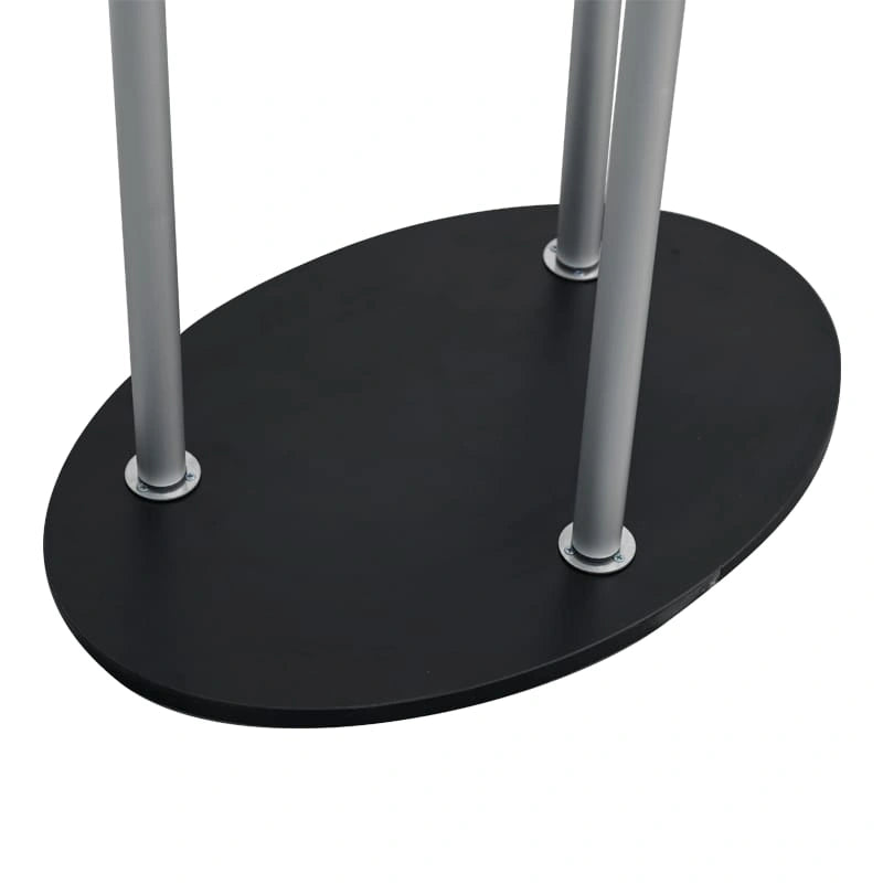 Premium oval exhibition booth with seamless fabric graphics for business presentations and product launches.