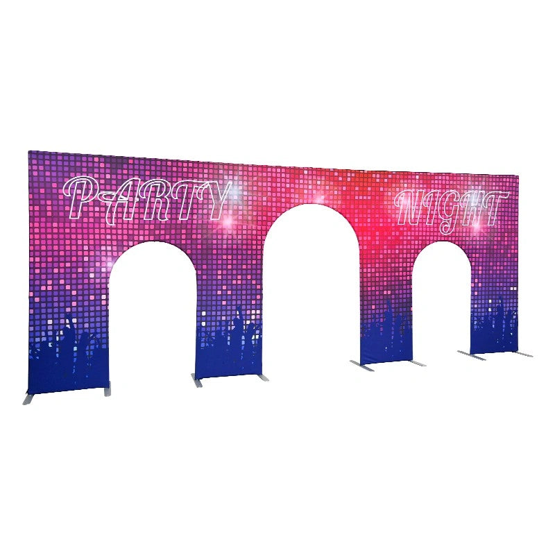 Custom fabric arch backdrop with open center for event entrances, photo opportunities, and special celebrations