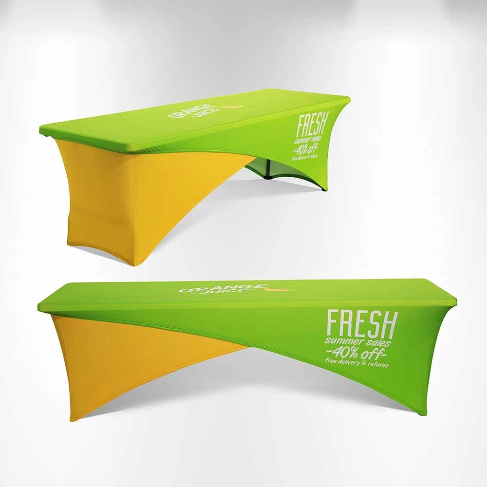 Premium Cross-over Stretch Table Cover with vibrant dye-sublimation graphics
