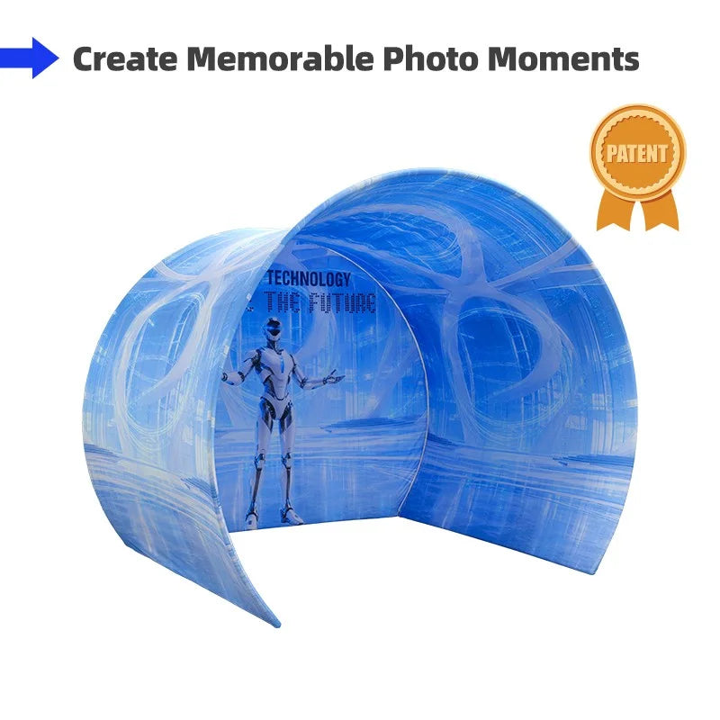 Half Circle Fabric Photo Booth Enclosure with custom graphics for trade shows, brand activations, and corporate events.