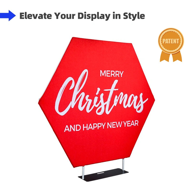 Hexagon Shape Backdrop with custom tension fabric graphics for trade shows, weddings, photo areas, and branded events