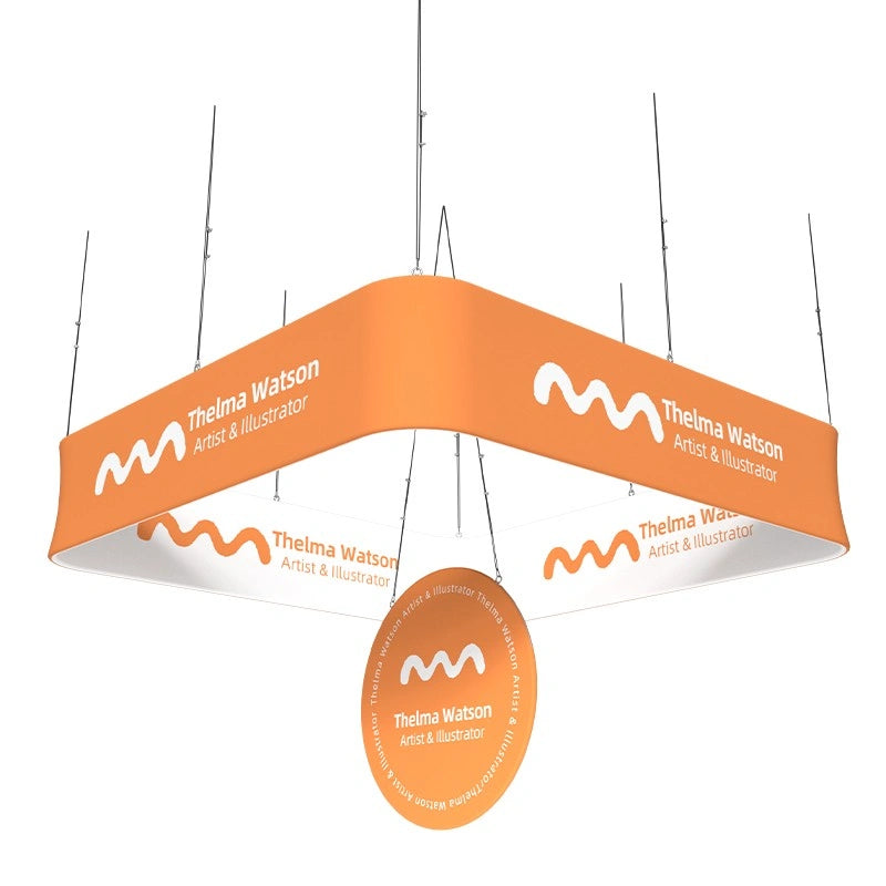 Large vertical disc hanging banner for trade show booths