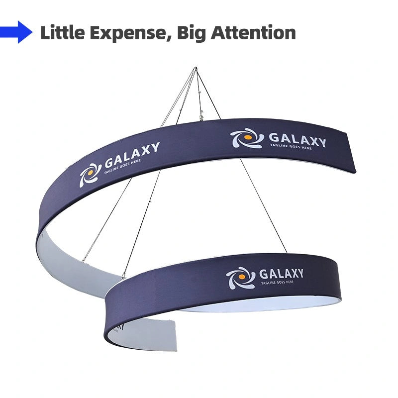 Spiral hanging fabric sign suspended above booth