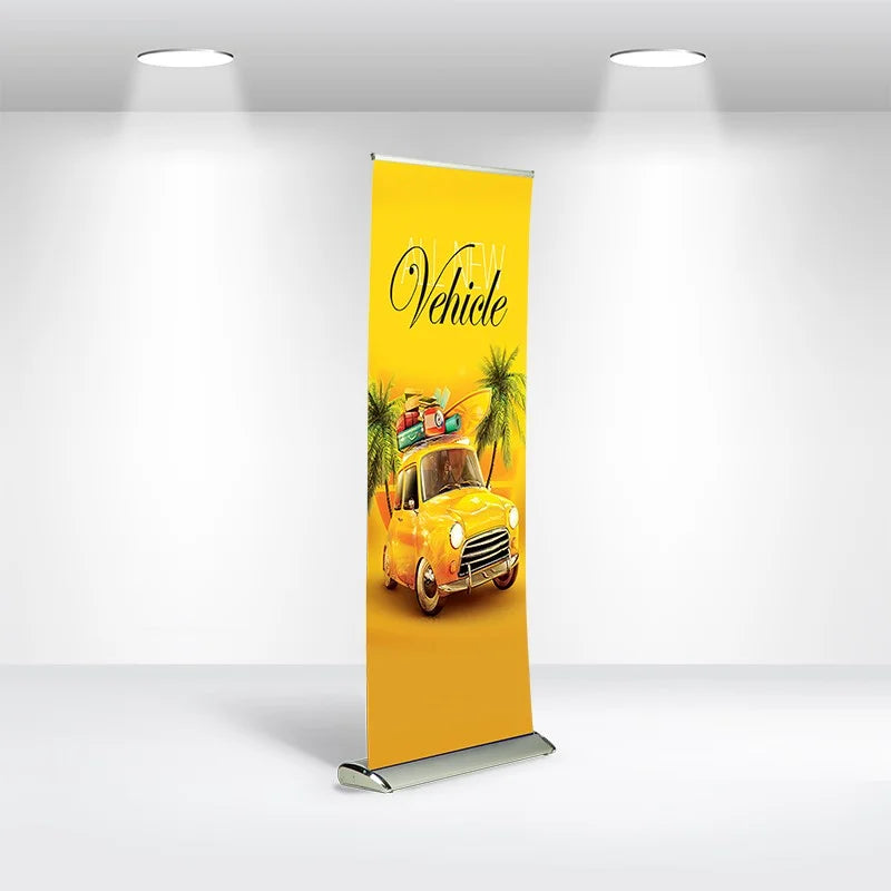 Custom retractable banner stand with compact aluminum base for trade shows and corporate events.