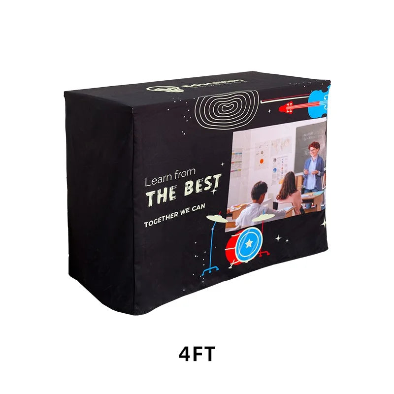 Folding trade show table with fitted fabric cover for displaying products, literature, and promotional materials