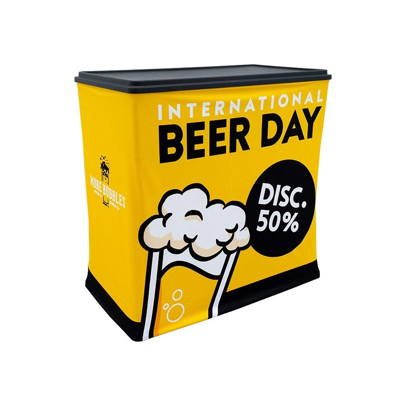 Promotional display counter with durable countertop and custom printed fabric graphics