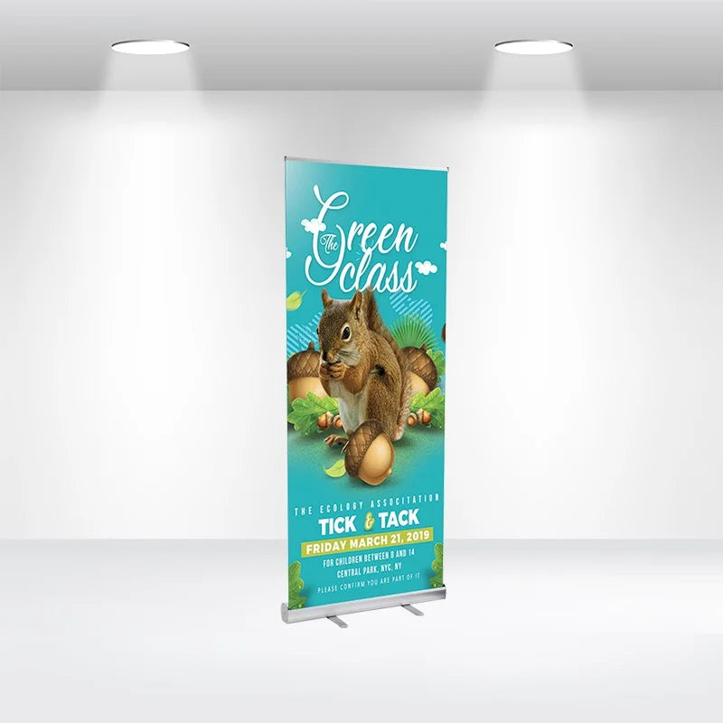 Portable Rollup Banner Stand with vibrant custom graphics for professional event and retail branding.