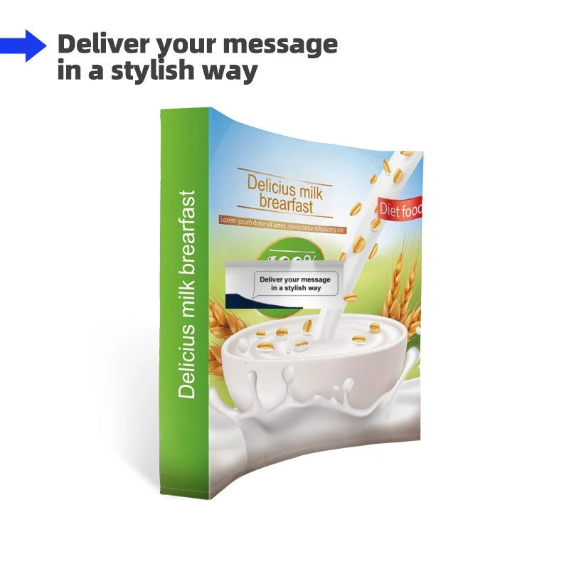 Front view of curved fabric popup display with seamless graphics