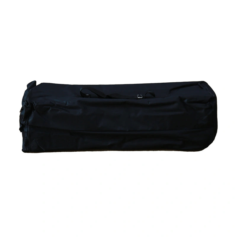 Back view of curved fabric popup display with zipper closure