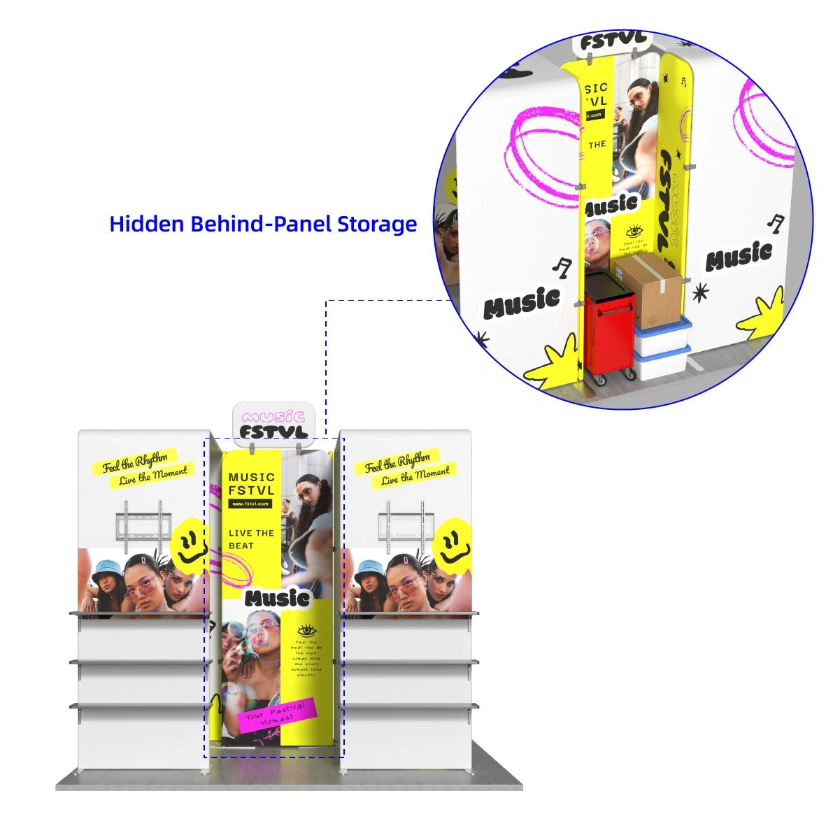 Portable modular exhibition booth with lightweight display components and vibrant fabric graphics.