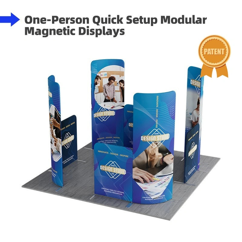 Magnetic curved and straight fabric display panels in booth setup