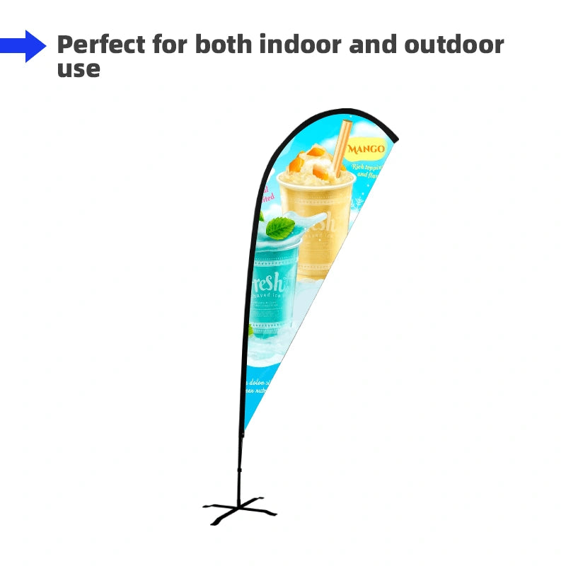 Custom printed Teardrop advertising flag with a durable Uni-Fit Pole for trade shows, exhibitions, retail storefronts, and marketing campaigns.