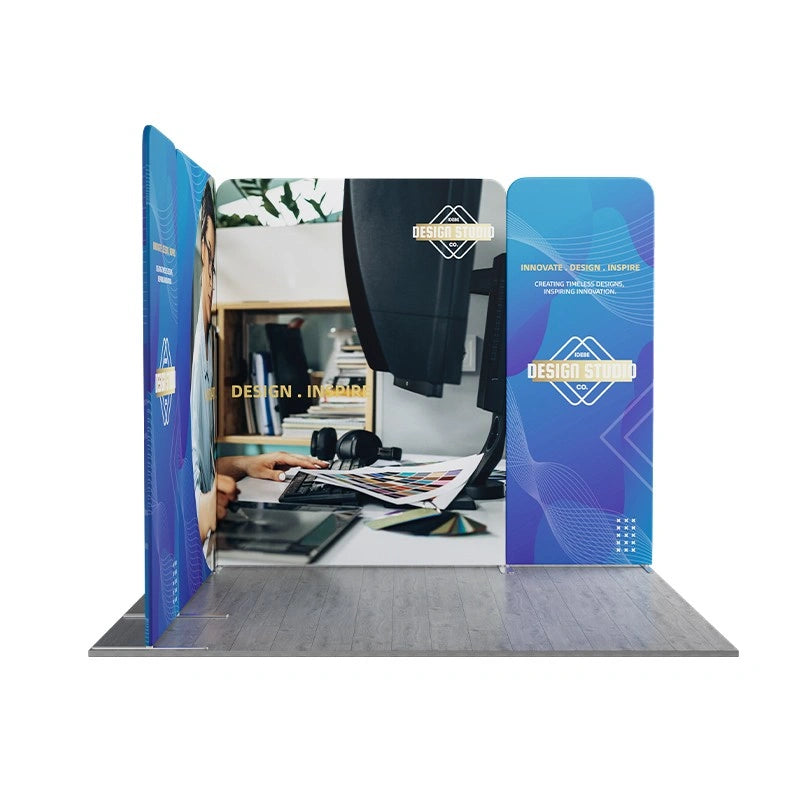 Magnetic modular fabric trade show booth corner setup