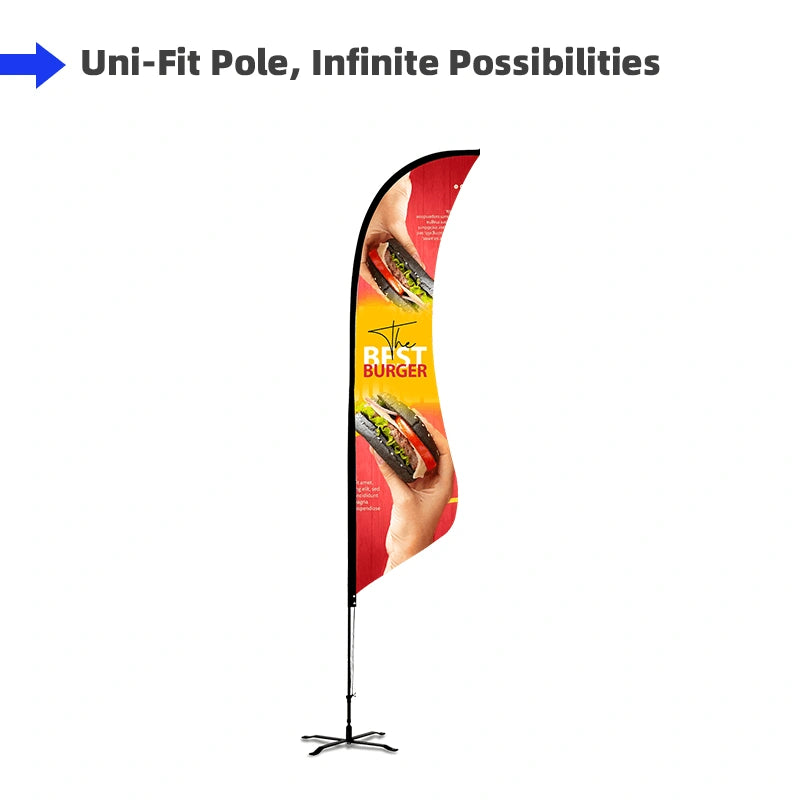 Custom printed Shark Fin advertising flag with Uni-Fit Pole for trade shows, exhibitions, retail storefronts, and outdoor promotions.