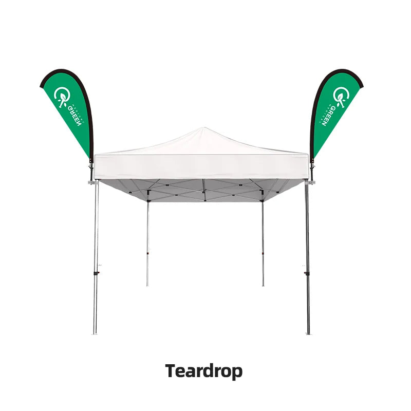 Canopy Tent Feather Flag with branded graphics for vendor booths, outdoor markets, and promotional events.