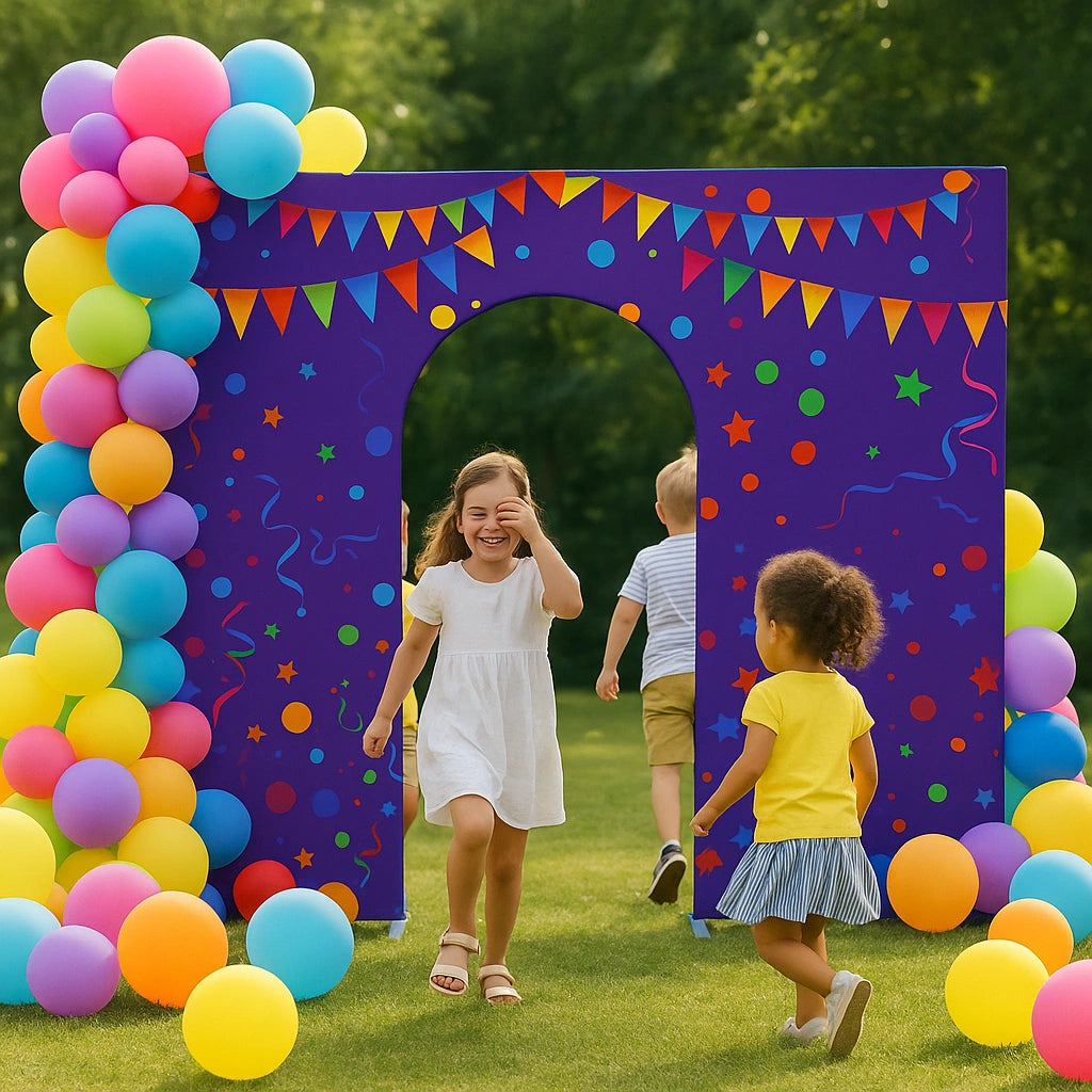 Custom event arch backdrop with open doorway design for weddings, celebrations, brand activations, and photoshoots
