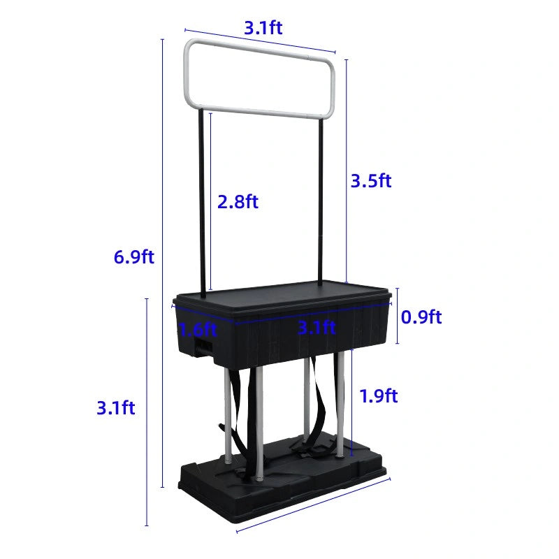 Trade show podium counter with fabric graphic wrap, header, and durable hard-shell case
