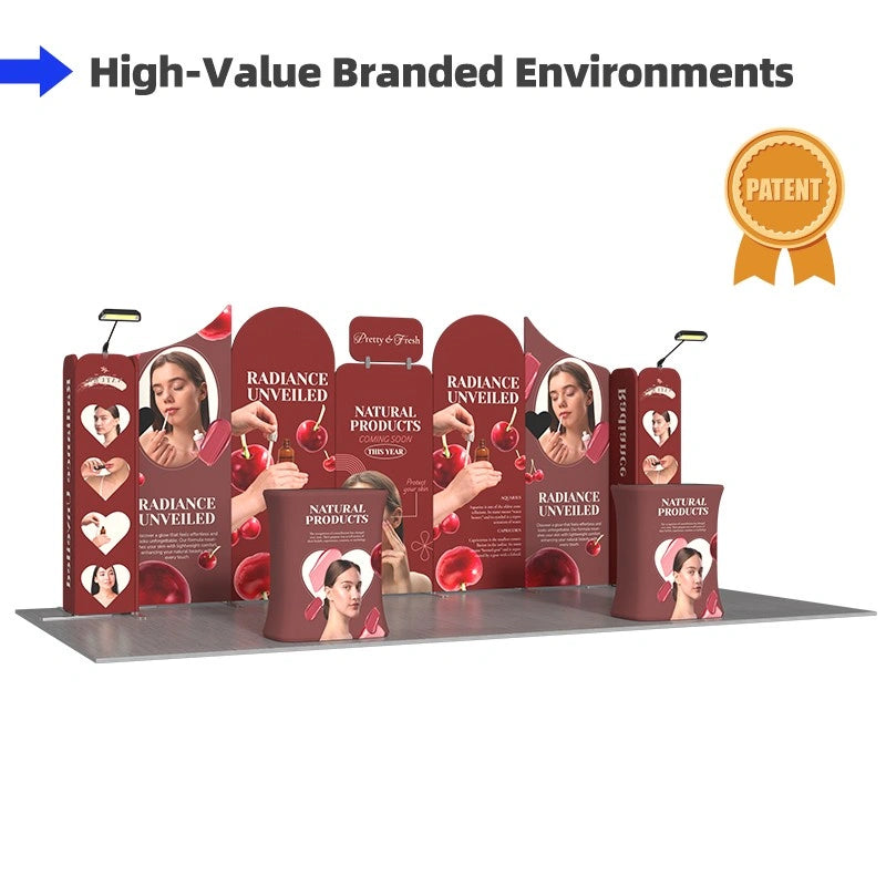 Custom 10x20 trade show booth kit B6 with spacious display areas for products, demonstrations, and visitor conversations