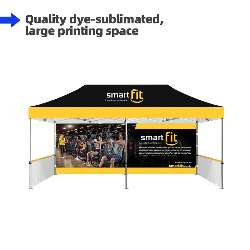 Large-format advertising tent with custom graphics for trade shows, community events, markets, and festivals