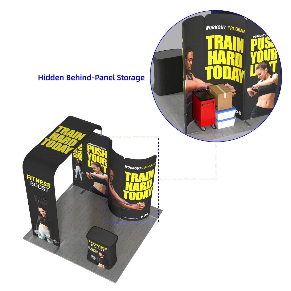 Reusable 10x10ft booth kit with custom branding for trade shows, expos, and industry conferences