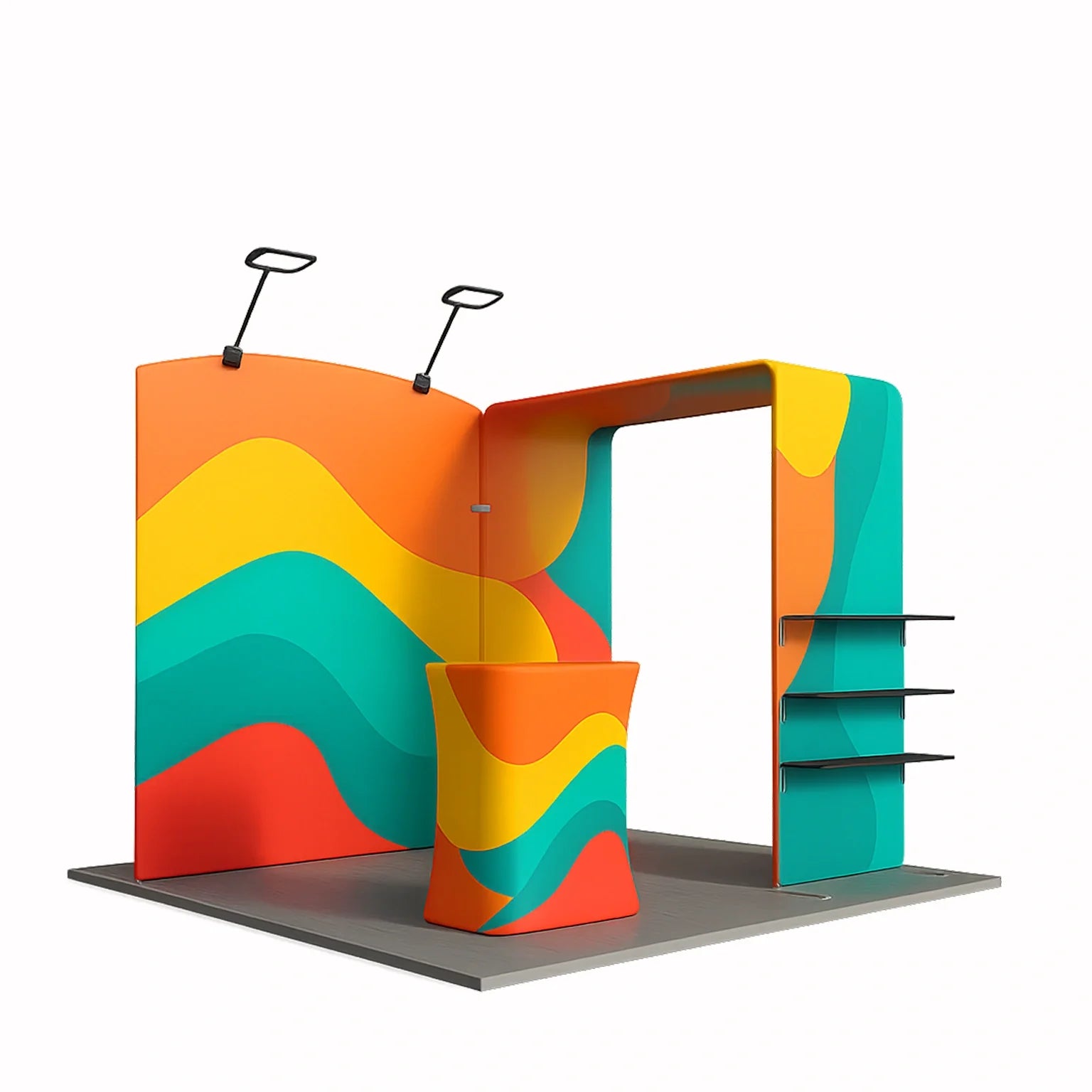 10x10 modular exhibition booth kit featuring branded backdrop, canopy structure, counter, and display shelving