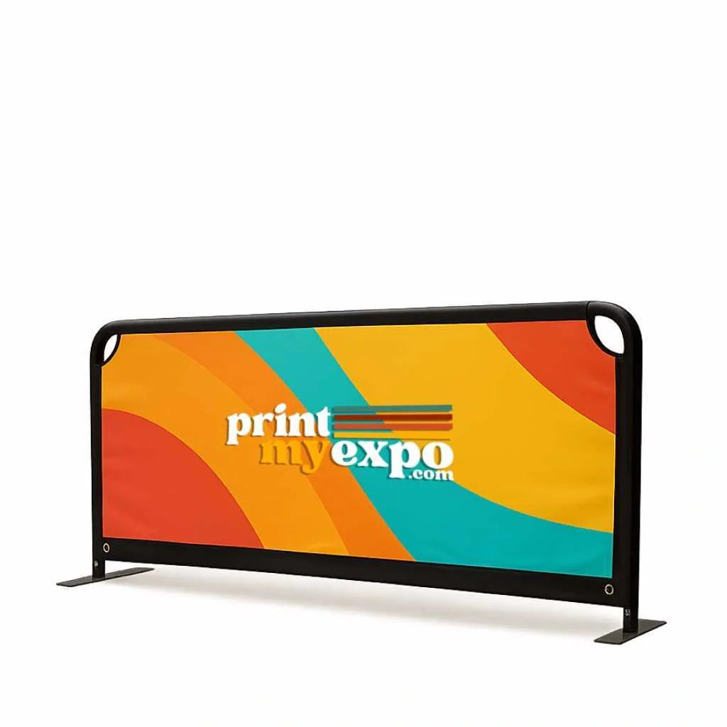 Vibrant custom barricade cover displaying branded graphics on a sturdy metal frame perfect crowd control solution for events & trade shows by PrintMyExpo