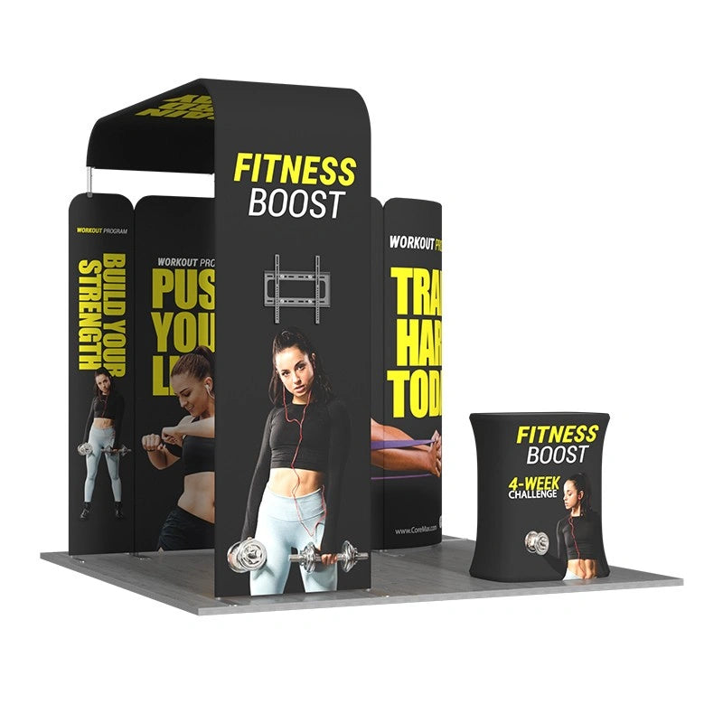 Professional B10 trade show booth display with seamless fabric graphics for corporate marketing events