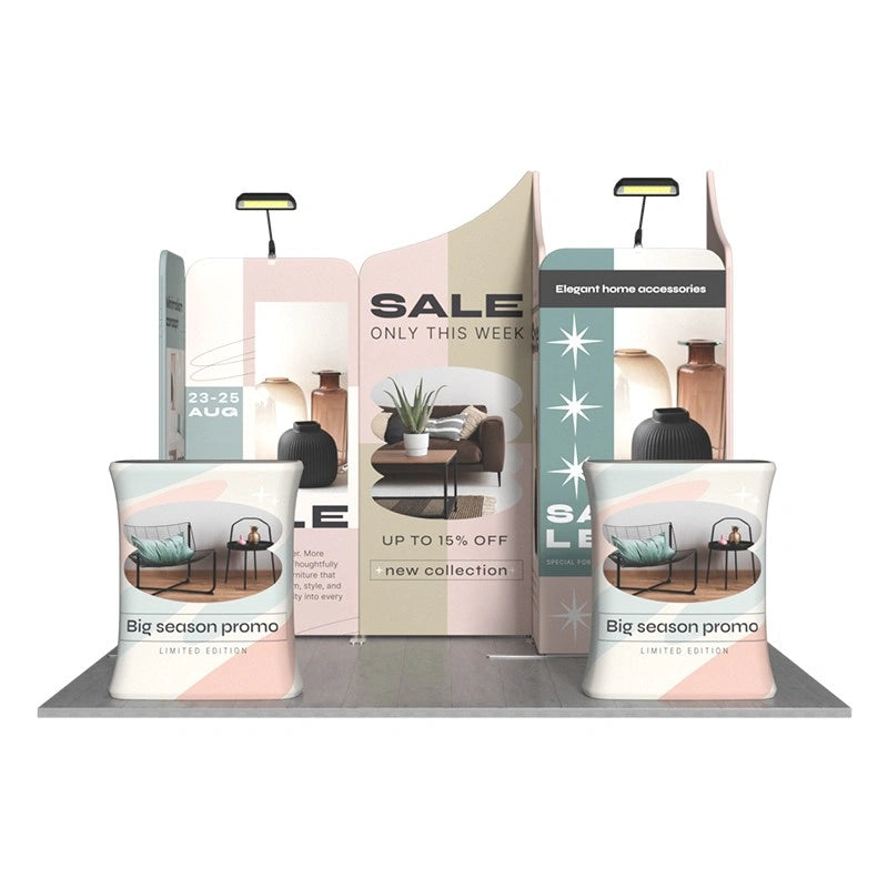 Custom 10x10 exhibition booth kit with modular display components and premium printed graphics.