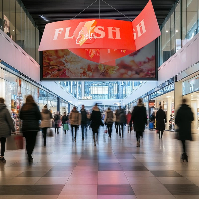 Suspended three-sided pinwheel hanging sign for exhibition branding