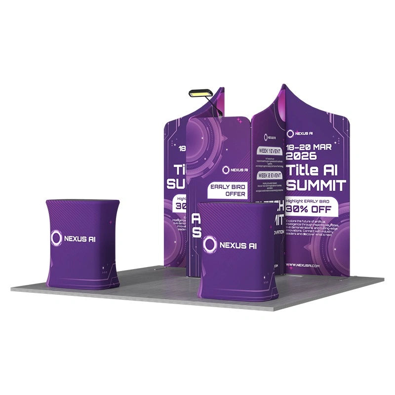 Custom printed 10x10 exhibition booth kit created for impactful product presentations and customer engagement