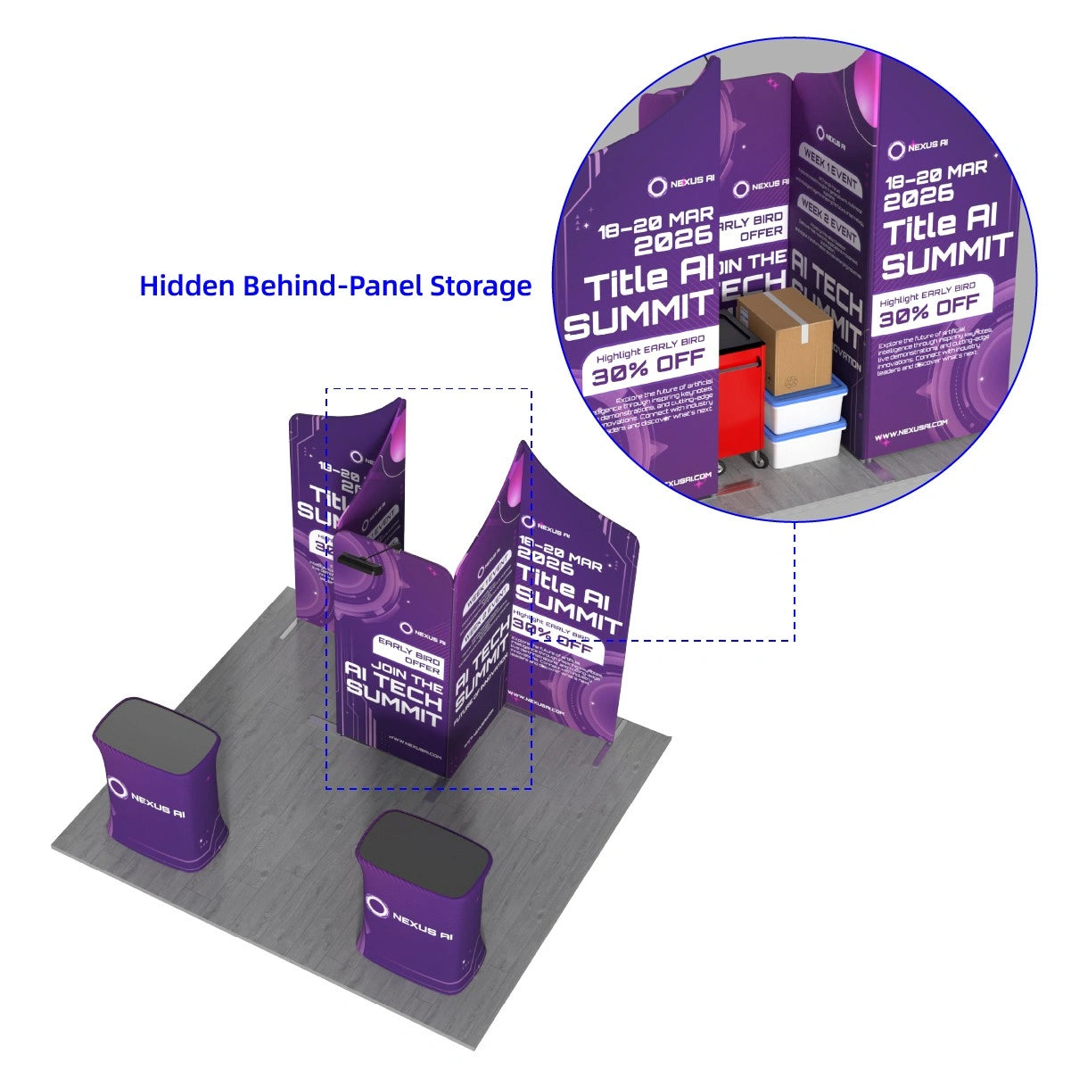 Reusable 10x10ft trade show booth kit with custom branding for conferences, expos, and marketing campaigns