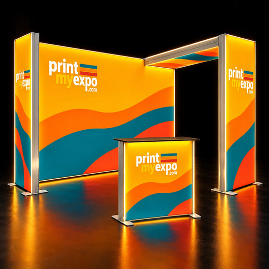 PrintMyExpo 10ft SEG lightbox booth featuring vibrant branded graphics and LED lighting