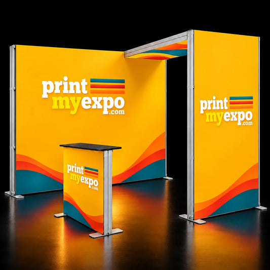 10ft tradeshow SEG modular lightbox display kit featuring PrintMyExpo branding and illuminated fabric display panels