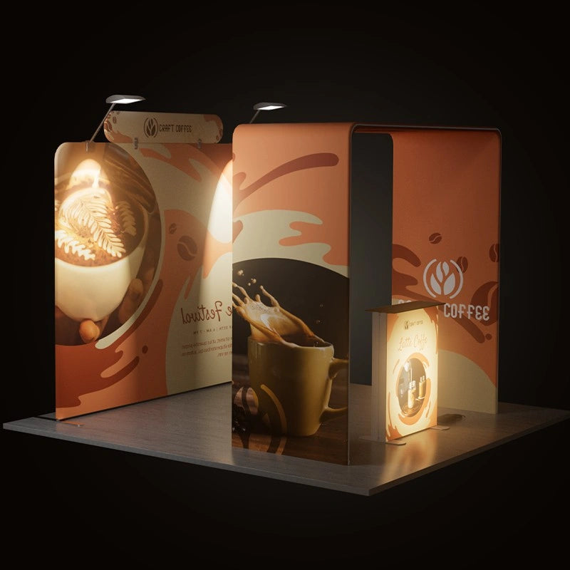 Wide layout of A2 trade show booth designed for branding and visitor engagement