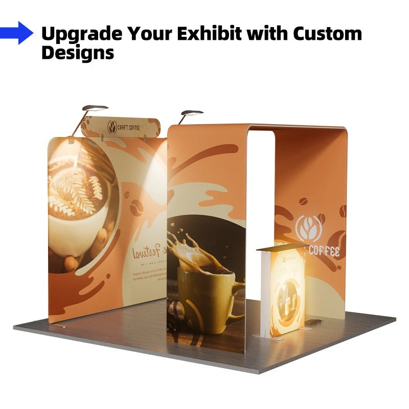 Front view of 10x10 exhibition booth A2 with flame-retardant fabric display