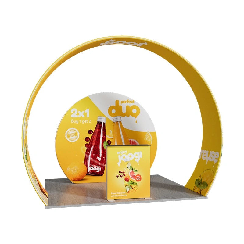 Angled view of D2 10x10 trade show booth showcasing seamless fabric panels