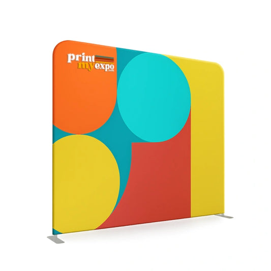 Straight tension fabric display with round corners for trade show backdrop