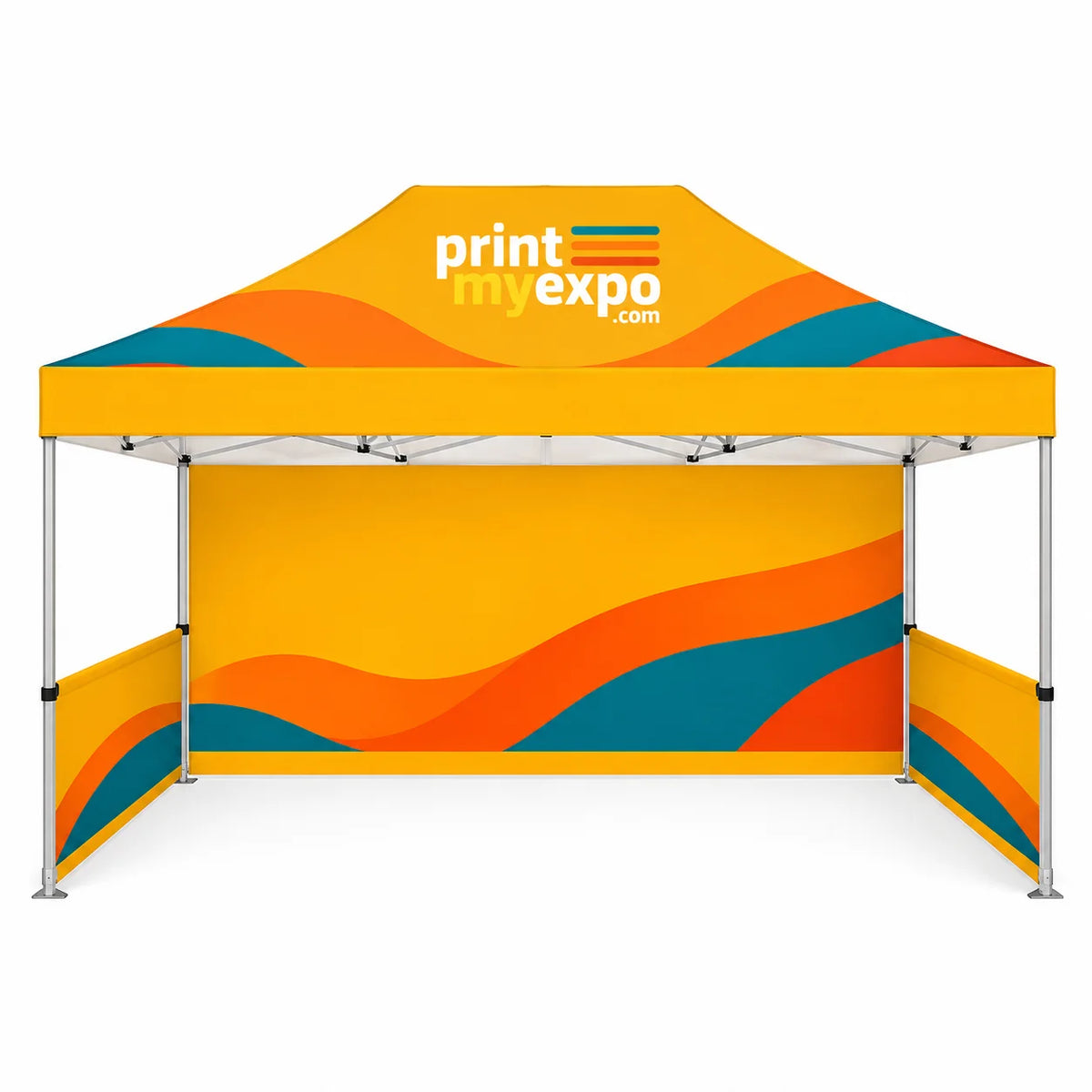 PrintMyExpo 10x15 Advertising Tent with custom canopy graphics for markets, festivals, exhibitions, and brand events