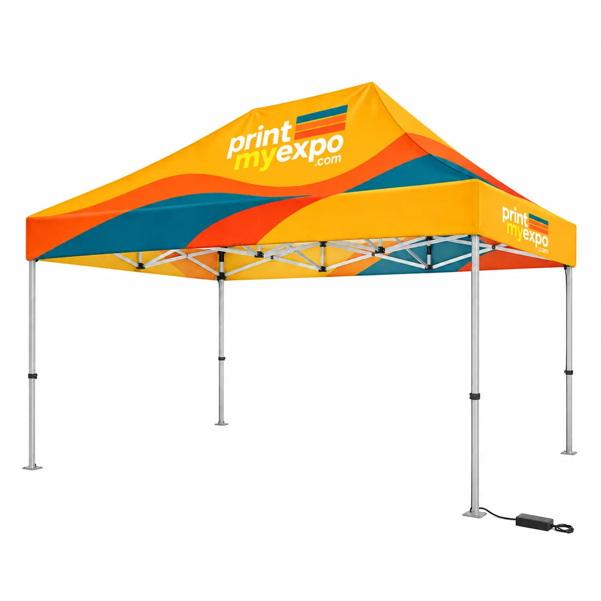PrintMyExpo 10x15 Lighted Canopy Tent with integrated LEDs and custom graphics for branded event spaces.