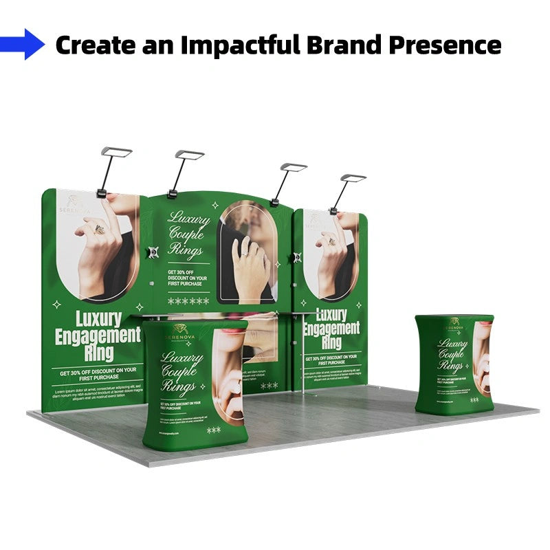 Front view of 10x15 exhibition booth C1 with flame-retardant tension fabric display