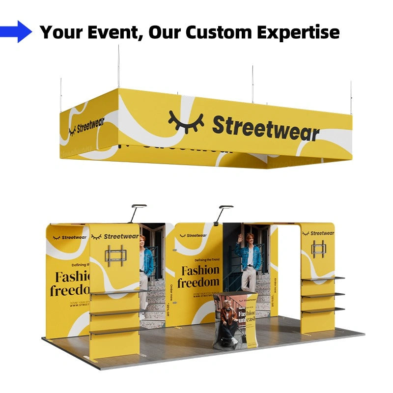 Front view of 10x20 exhibition booth A1 with flame-retardant tension fabric display