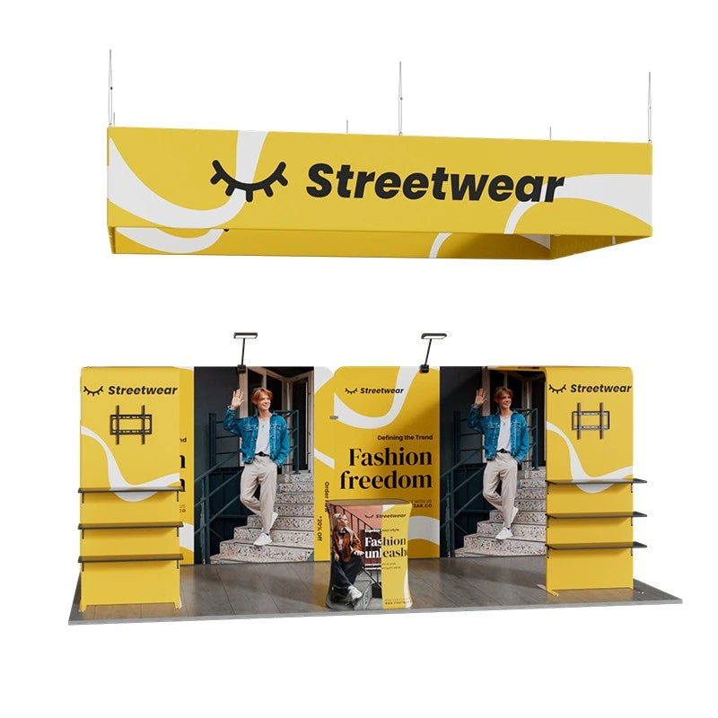 Angled view of A1 10x20 trade show booth showcasing seamless fabric panels