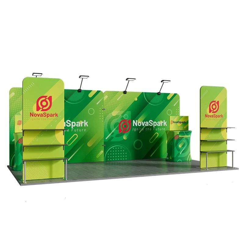 Front view of 10x20ft exhibition booth with flame-retardant 240g tension fabric display