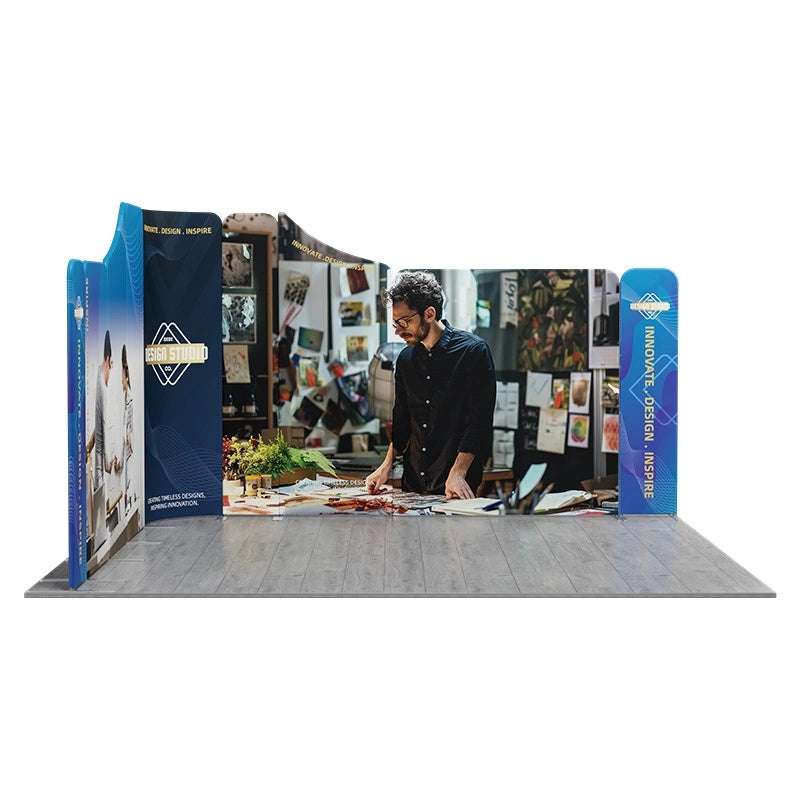 Curved L-shape modular fabric display for trade shows and expos