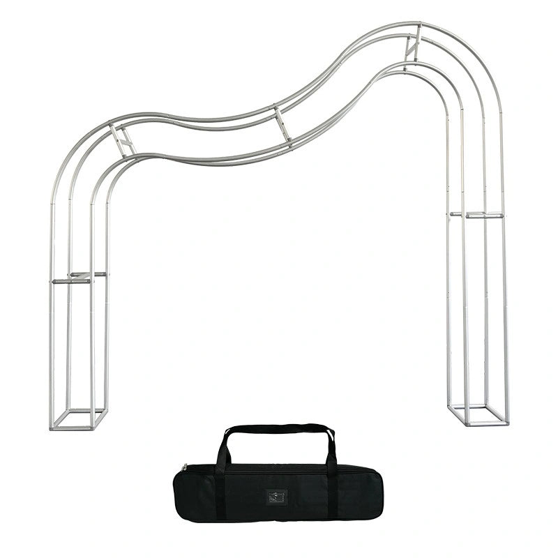 Wave Shaped Arch Backdrop with custom tension fabric graphics for professional event and promotional displays