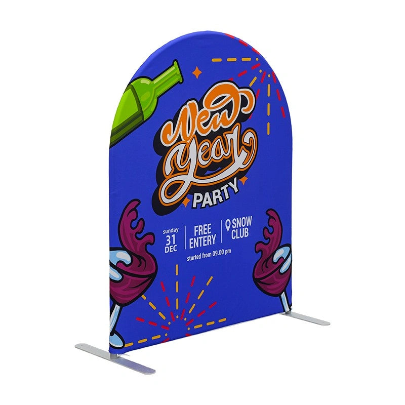 Reusable event arch backdrop with replaceable custom graphics for different themes, campaigns, and special occasions