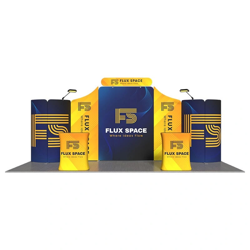 10x20ft exhibition booth B9 with vibrant custom fabric graphics for product portfolios and promotional campaigns