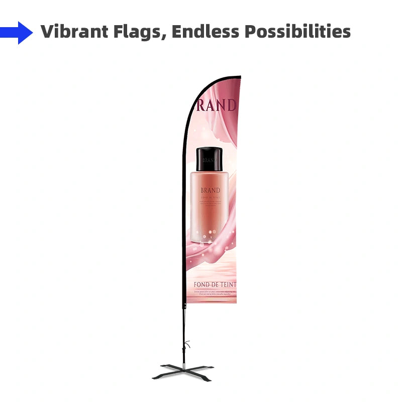 Custom printed Straight advertising flag with Uni-Fit Pole for trade shows, exhibitions, retail storefronts, and outdoor promotions.
