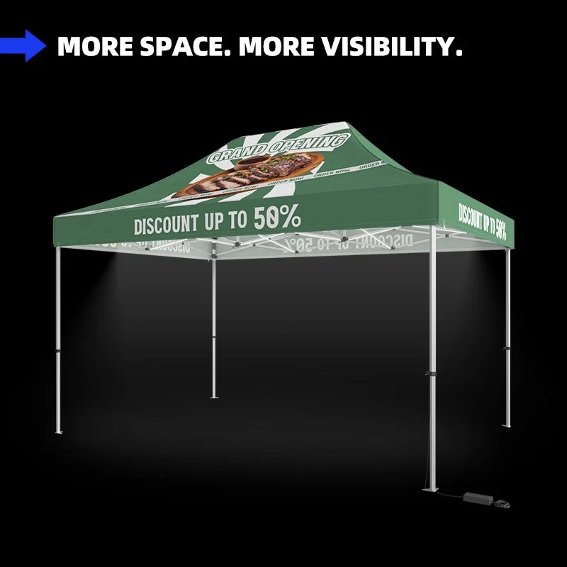 10x15 Lighted Canopy Tent with integrated LED lighting and custom graphics for promotional events.